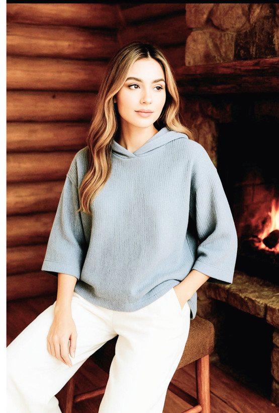 تیشرت هودی کلاهدار ساده ترند طوسی آبی