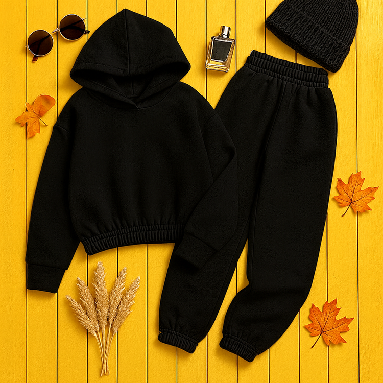 ست هودی کراپ شلوار مشکی