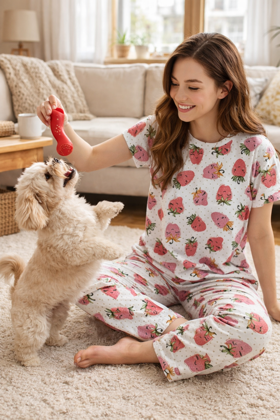 تیشرت وشلوار نخ پنبه زیبا توت فرنگی